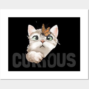 cute cat and butterfly in curious paper hole illustration Posters and Art